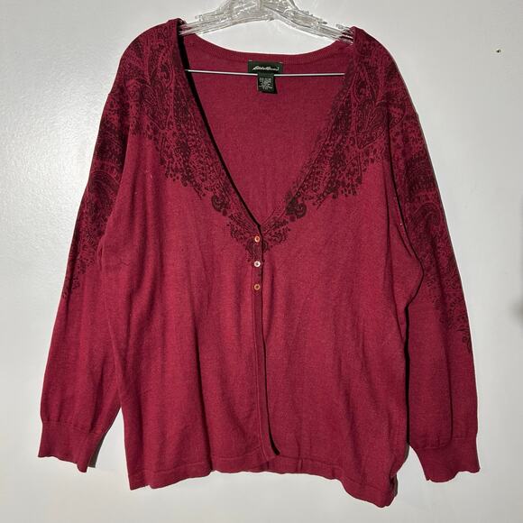 Vintage Eddie Bauer Fall Themed Red Button Up Cardigan Sweater Womans XXL - Picture 1 of 6